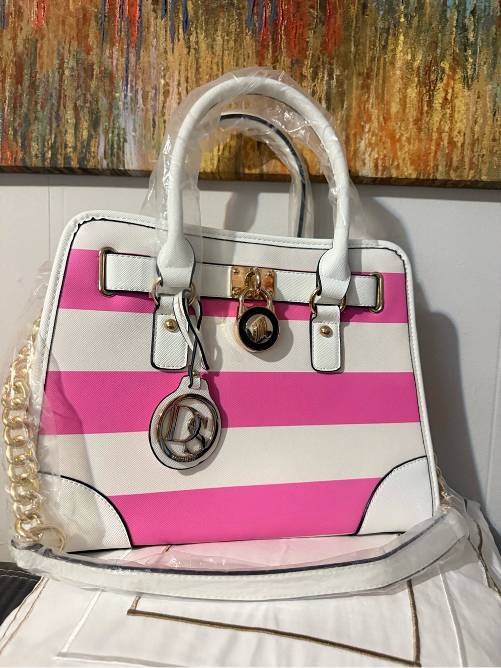 Pink & White Striped Satchel with Pink Wallet by - Picture 5 of 12